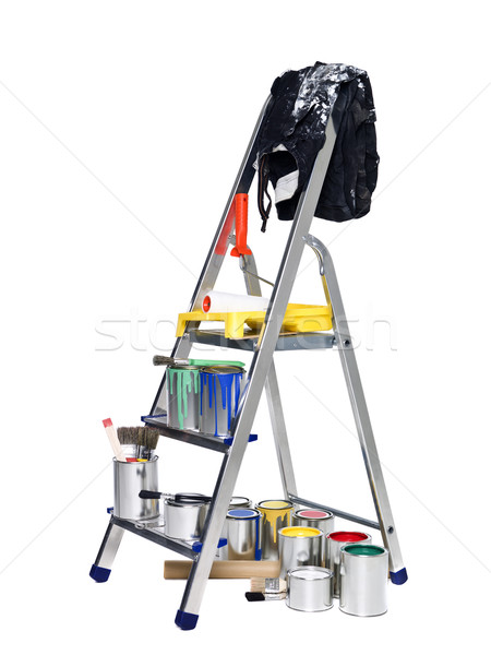 Stepladder with paint cans and brushes Stock photo © gemenacom