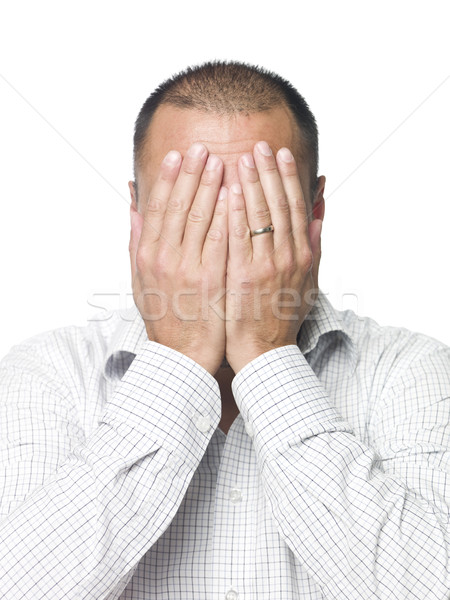 Portret człowiek ukrywanie ręce usta Zdjęcia stock © gemenacom