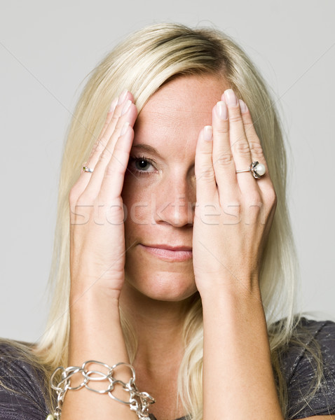 [[stock_photo]]: Portrait · femme · cacher · mains · femmes · studio