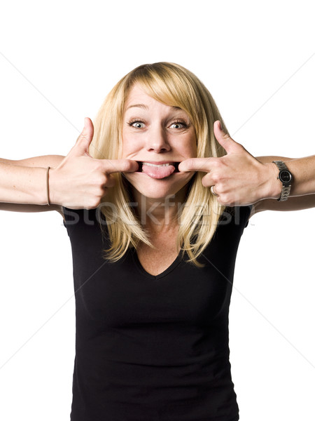 Blond kobieta grymas niebieski portret Zdjęcia stock © gemenacom