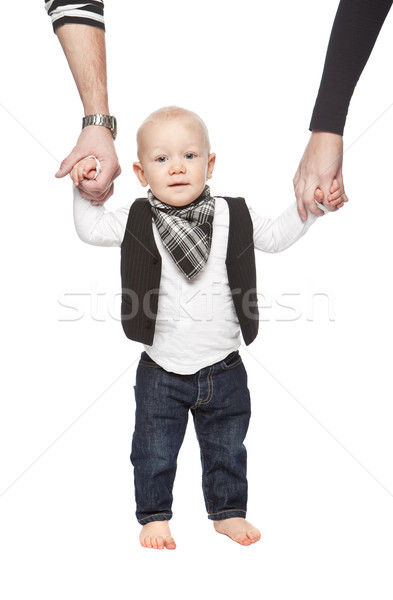 Tineri copil țin de mâini părinţi alb modă Imagine de stoc © gemenacom