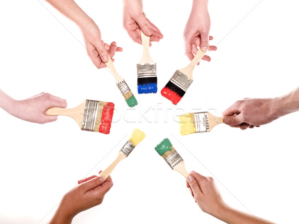 Sept mains pinceaux différent couleurs isolé Photo stock © gemenacom