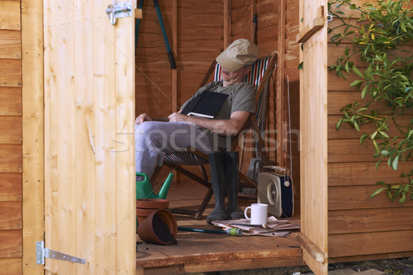 Man vergadering ligstoel vallen lezing Stockfoto © gemphoto