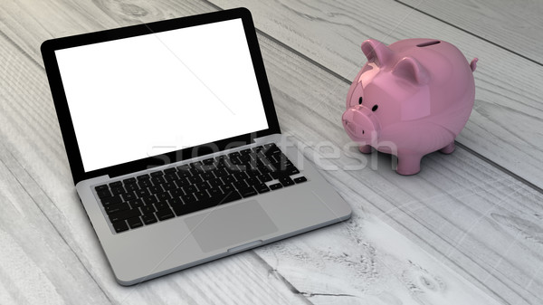 Persely laptop megtakarítás üres képernyő fából készült Stock fotó © georgejmclittle