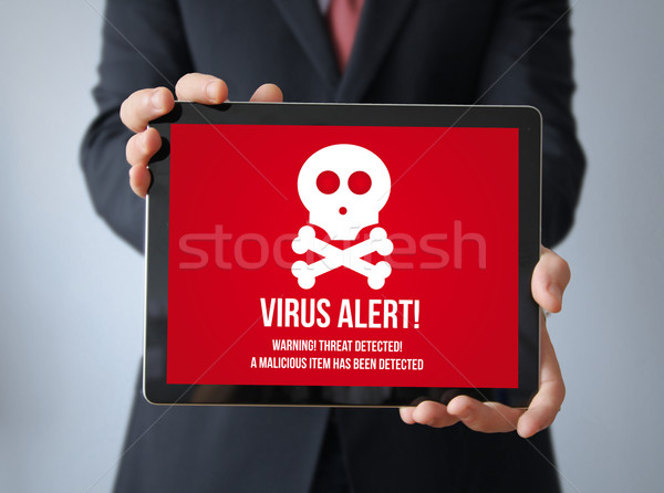 Geschäftsmann Virus Benachrichtigung Tablet Sicherheit Bildschirm Stock foto © georgejmclittle
