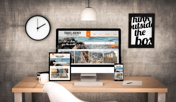 Stock photo: office workplace with travel agency devices collection