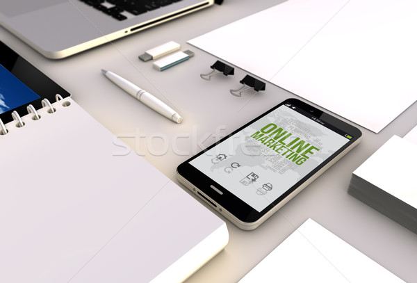 Marketing online smartphone birou vedere 3D Imagine de stoc © georgejmclittle