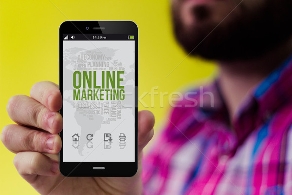 смартфон Интернет маркетинг экране борода рубашку Сток-фото © georgejmclittle