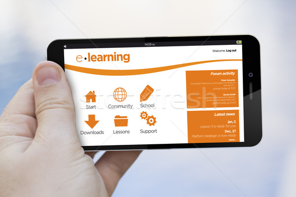 Stockfoto: Mobiele · telefoon · online · opleiding · hand