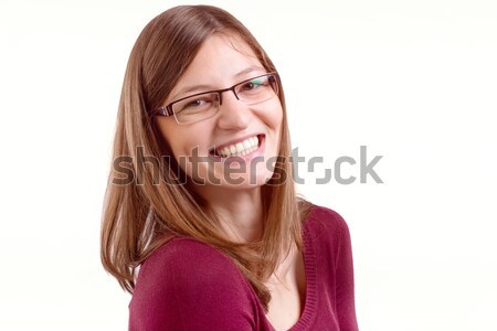 Szczęśliwy uśmiechnięty młoda kobieta okulary kamery kobieta Zdjęcia stock © georgemuresan