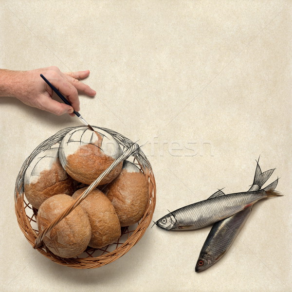 Painting five small barley loaves and two small fish Stock photo © georgemuresan
