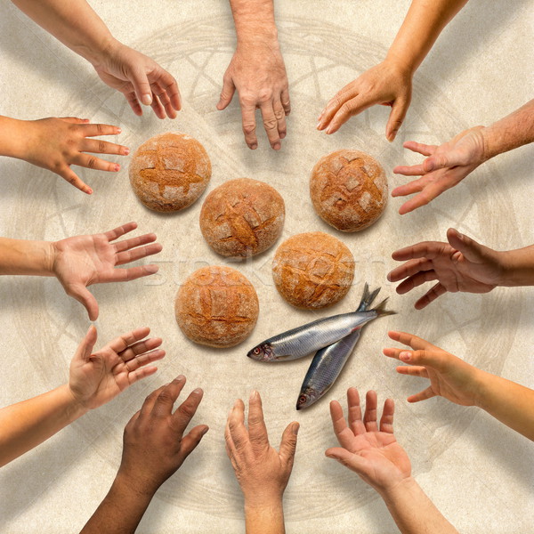 Five small barley loaves and two small fish for many Stock photo © georgemuresan