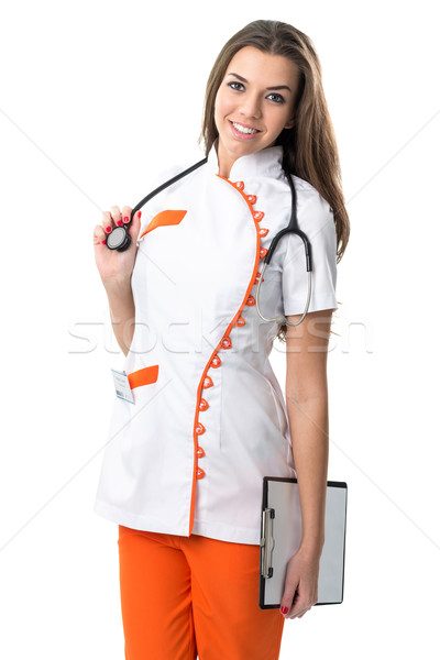 Imagine de stoc: Frumos · tineri · asistentă · stetoscop · dosar · medic