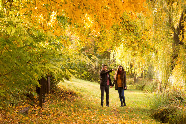 man and woman holding hands walking in the autumn park Stock photo © Geribody