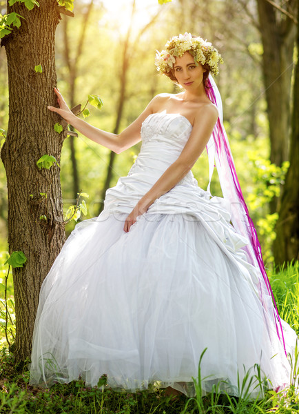 Stock photo: Beautiful bride , flower tiara on her head , relying on the tree