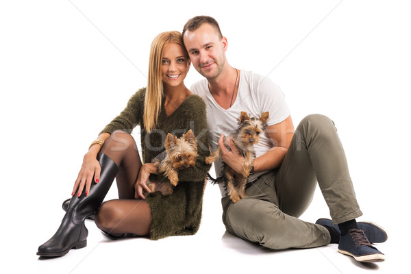 Love Couple with two yorkshire terrier - autumn fashion  Stock photo © Geribody