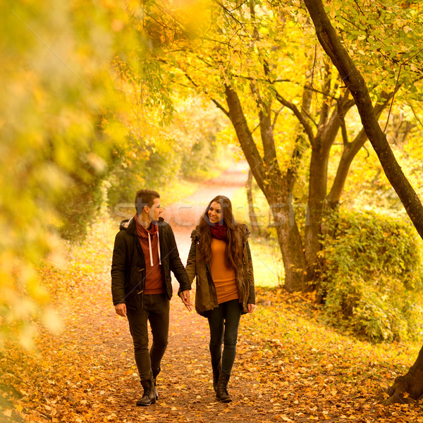 Lovers spaceru strony jesienią parku niebo Zdjęcia stock © Geribody