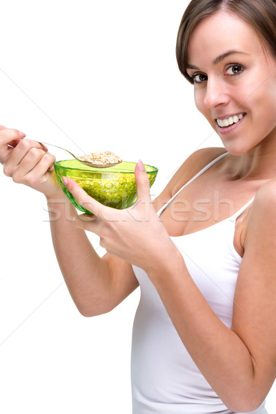 Zrównoważony śniadanie kobieta żywności twarz Zdjęcia stock © Geribody