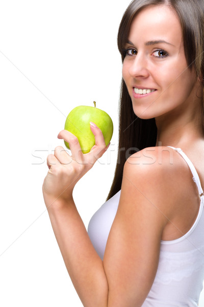 Healthful eating-Beautiful natural woman holds an apple  Stock photo © Geribody