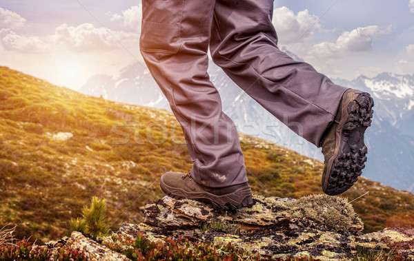 [[stock_photo]]: Randonneur · permanent · haut · montagne · sunrise