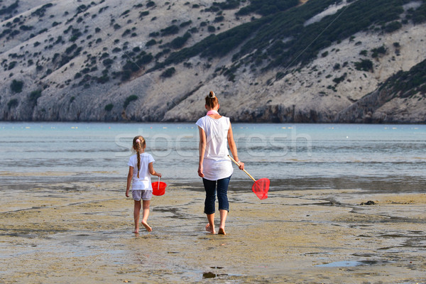 Foto stock: Mãe · filha · pescaria · mar · mulher · família