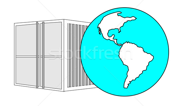 Illustration of metal 40 ft sea container with light blue world globe Stock photo © gigra