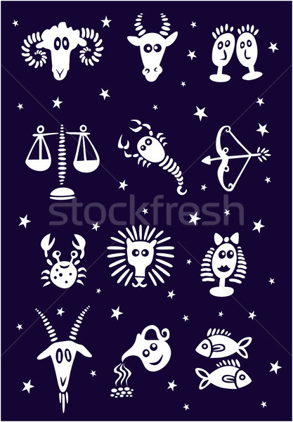Stock fotó: Szett · állatöv · feliratok · stilizált · ikonok · kék