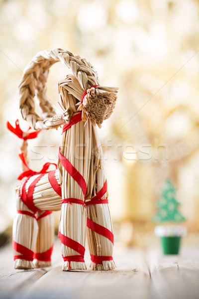 Foto stock: Natal · decoração · palha · cabra · fogo · casa