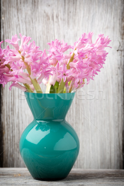 Stock foto: Hyazinthe · rosa · Vase · Holztisch · grünen · Kopf