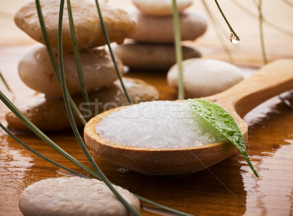 Tengeri só fakanál zöld levél fürdő kövek cseppek Stock fotó © gitusik