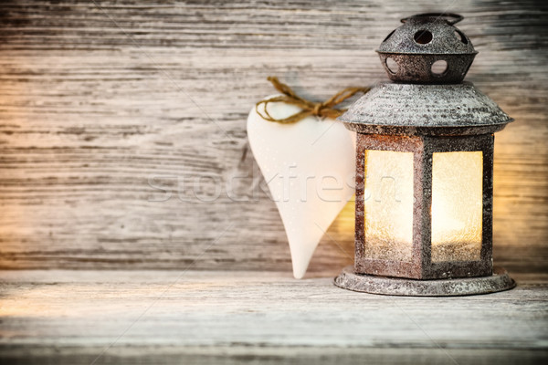 фонарь деревянный стол сердце символ дерево древесины Сток-фото © gitusik