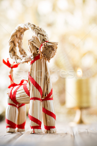 Foto stock: Natal · decoração · palha · cabra · fogo · casa