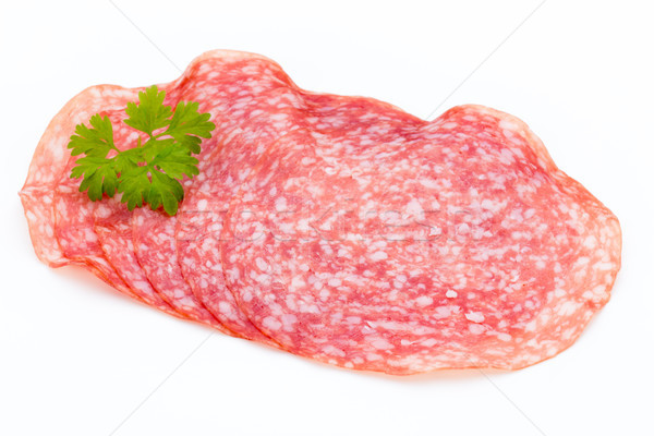 Foto stock: Salami · ahumado · salchicha · rebanadas · aislado · blanco