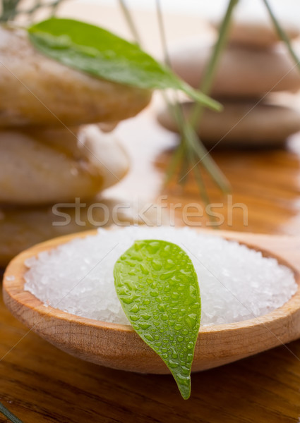 Tengeri só fakanál zöld levél fürdő kövek cseppek Stock fotó © gitusik