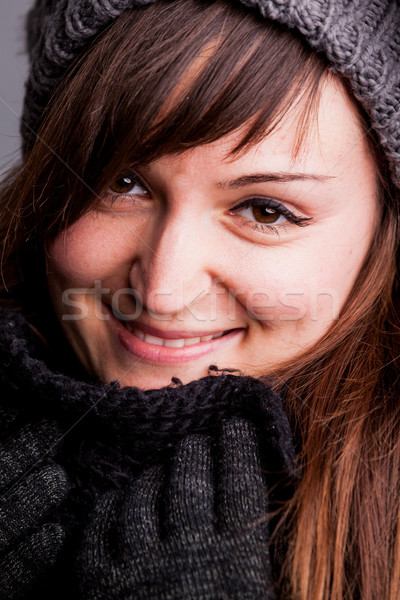 Stockfoto: Winter · portret · gelukkig · vrouw · hoed · wol
