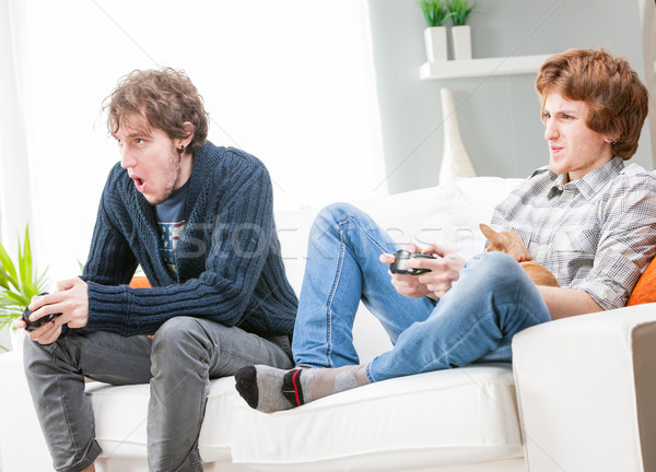 два братья друзей играет Видеоигры вместе Сток-фото © Giulio_Fornasar