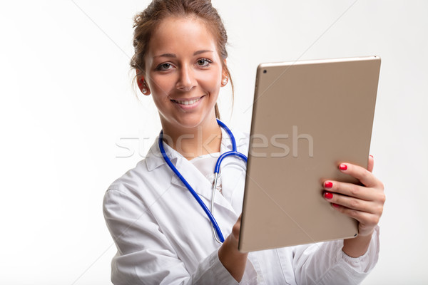 Foto stock: Sorrindo · médico · sorridente · mulher · atraente