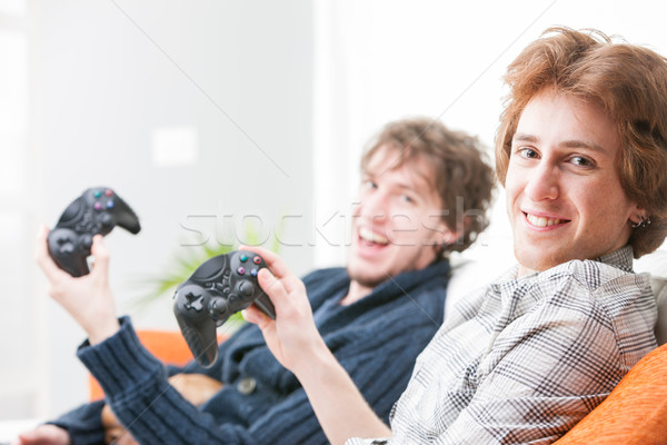 Foto stock: Dois · adolescente · irmãos · jogos