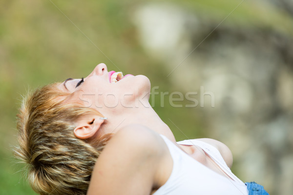 Foto stock: Mulher · grama · verde · respiração · amoroso