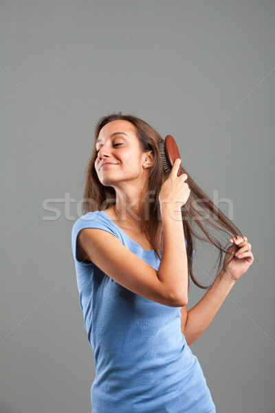 Foto stock: Belo · mulher · jovem · longo · cabelo · castanho · caber