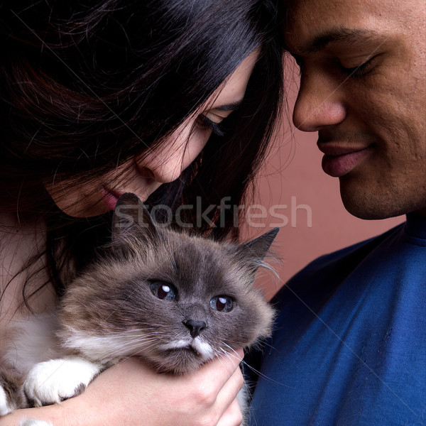 woman kissing a cat with her man Stock photo © Giulio_Fornasar