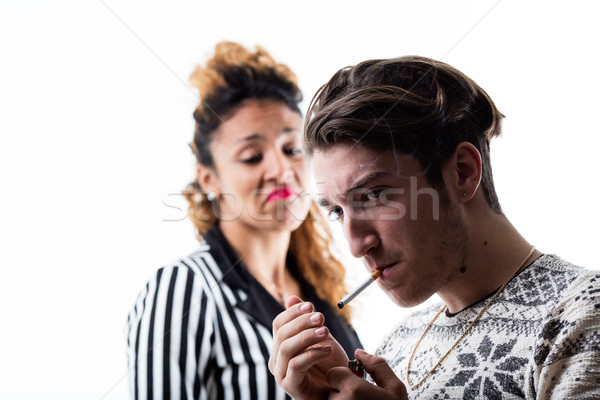 Stockfoto: Man · roken · vrouw · teleurstelling · rook · sigaret