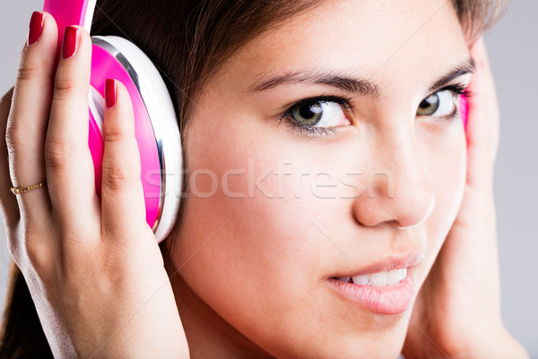 Foto stock: Rosa · auriculares · hermosa · ojos · mujer