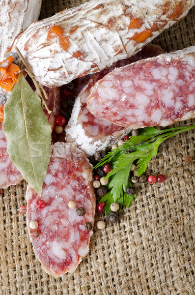 Stock foto: Salami · Gewürze · Wurst · Gewebe · Leinwand · Wahl