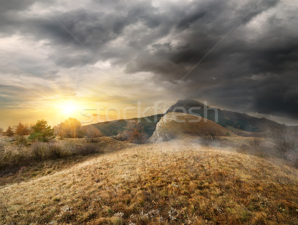 Foto stock: Belo · nascer · do · sol · montanhas · outono · madeira · pôr · do · sol