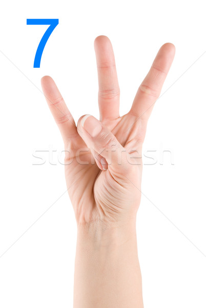 Foto stock: Número · siete · mano · aislado · blanco