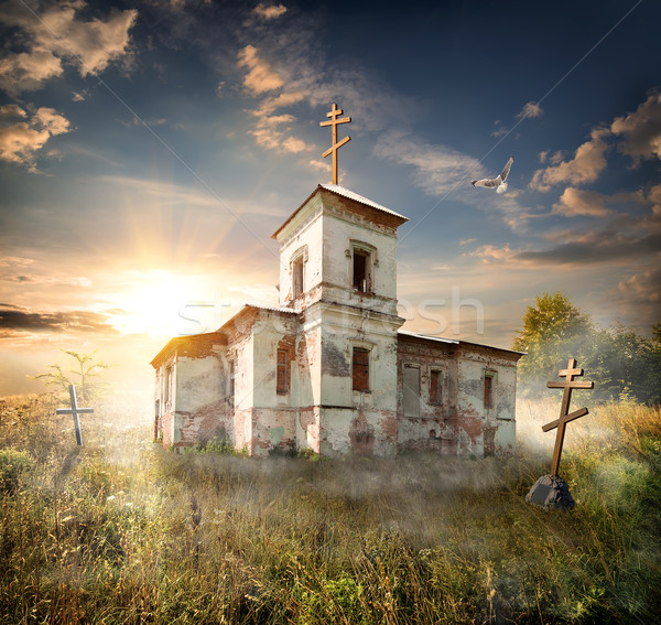 Foto stock: Abandonado · iglesia · cementerio · campo · cielo · flores