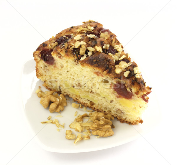 Foto stock: Rebanada · pastel · de · frutas · blanco · placa · torta · desayuno