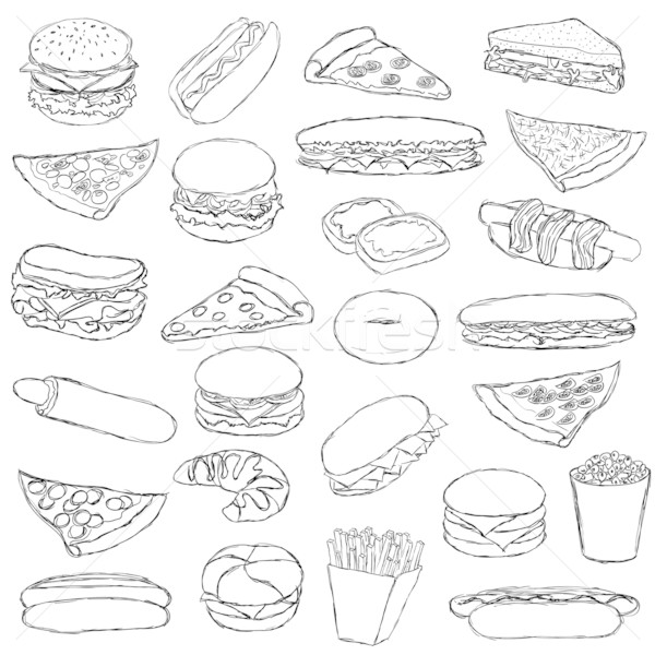 Foto d'archivio: Fast · food · grande · doodle · set · mano · formaggio