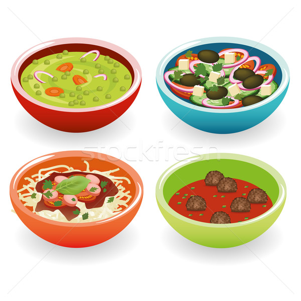 商業照片: 四 · 碗 · 湯 · 蔬菜 · 沙拉
